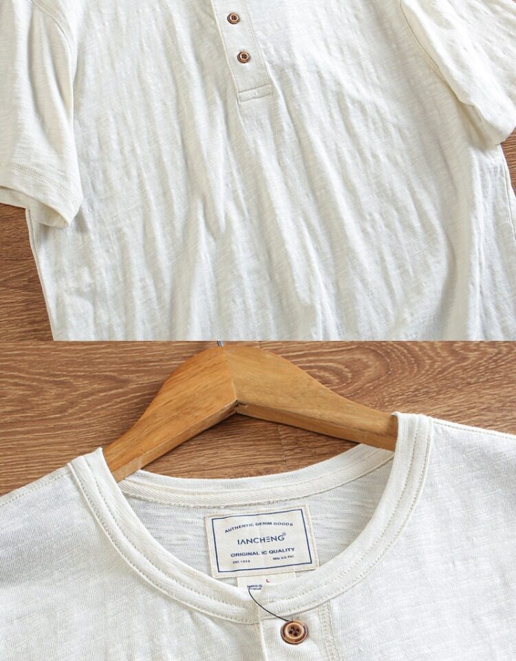 T-shirt Henley da uomo casual in maglia slub 95% cotone 5% lino - Maniche corte in cotone e lino