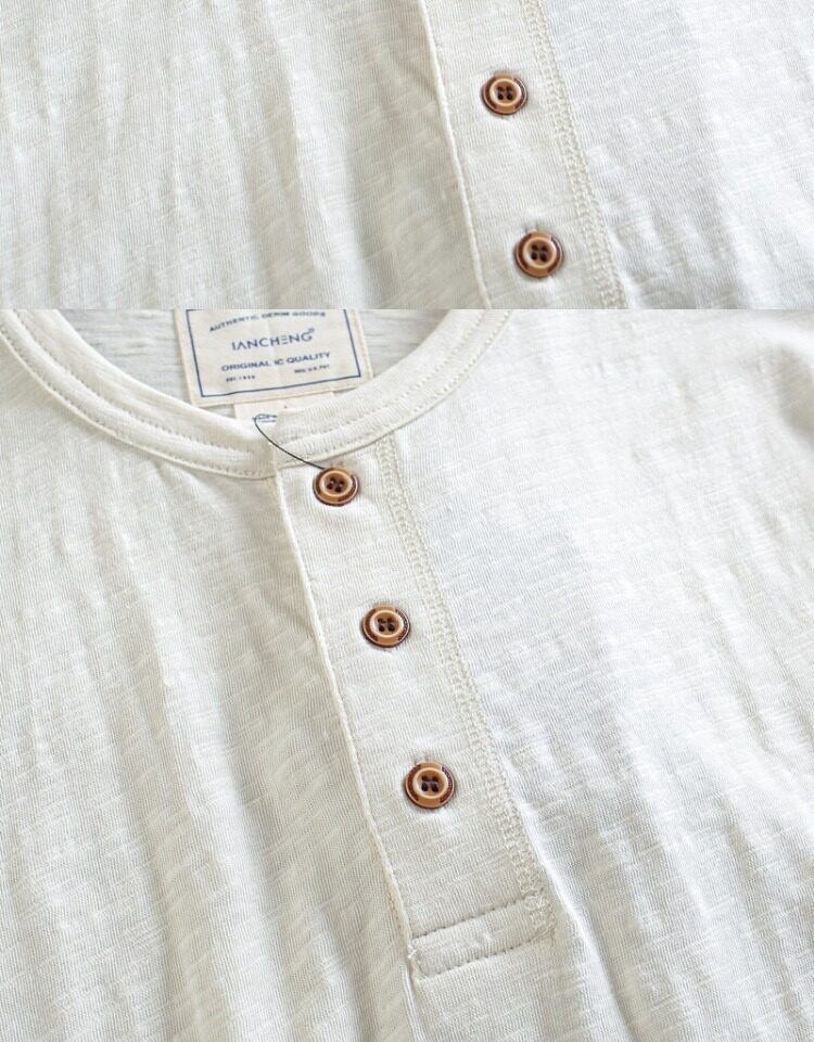 T-shirt Henley da uomo casual in maglia slub 95% cotone 5% lino - Maniche corte in cotone e lino