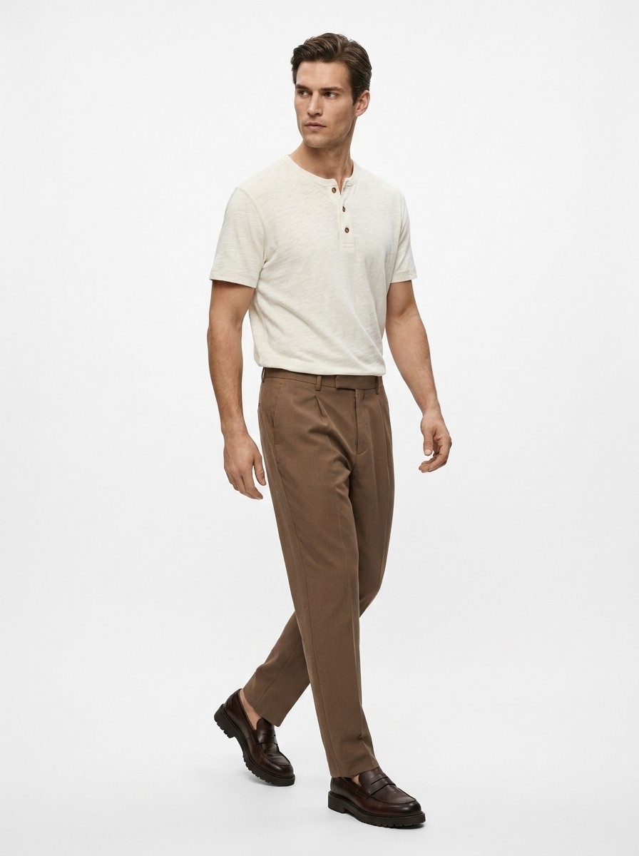 T-shirt Henley da uomo casual in maglia slub 95% cotone 5% lino - Maniche corte in cotone e lino