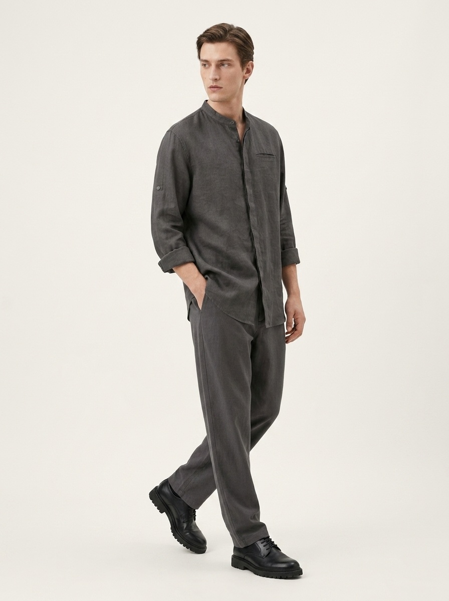 Camicia da uomo a maniche a 3/4 con colletto alla coreana, 100% lino