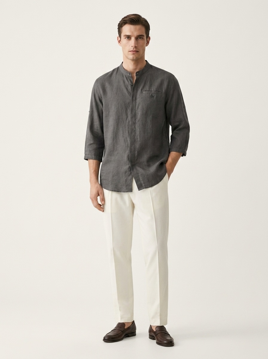 Camicia da uomo a maniche a 3/4 con colletto alla coreana, 100% lino