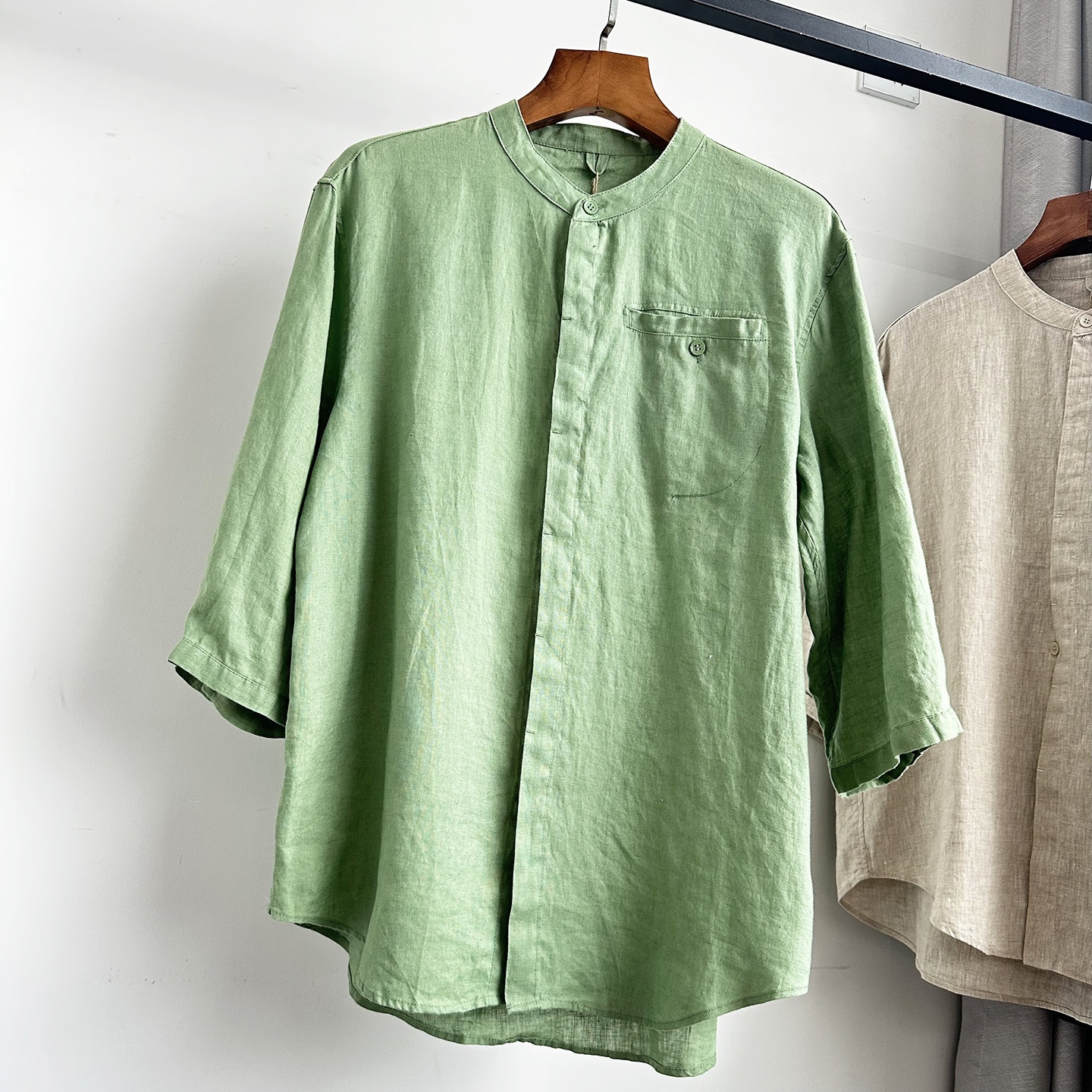 Camicia da uomo a maniche a 3/4 con colletto alla coreana, 100% lino
