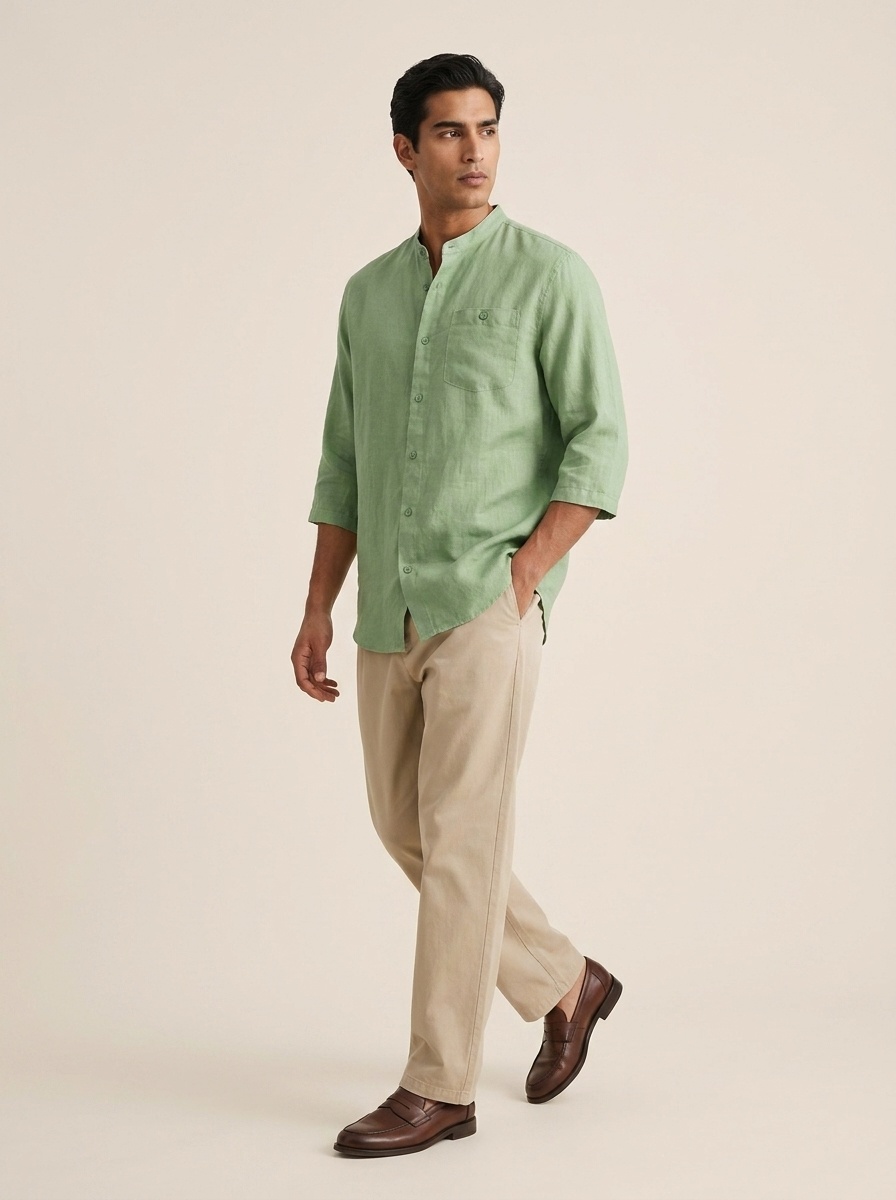 Camicia da uomo a maniche a 3/4 con colletto alla coreana, 100% lino