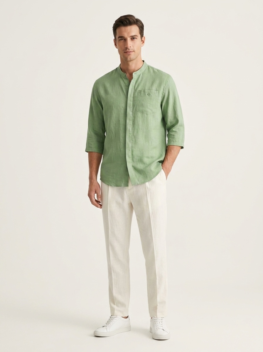 Camicia da uomo a maniche a 3/4 con colletto alla coreana, 100% lino