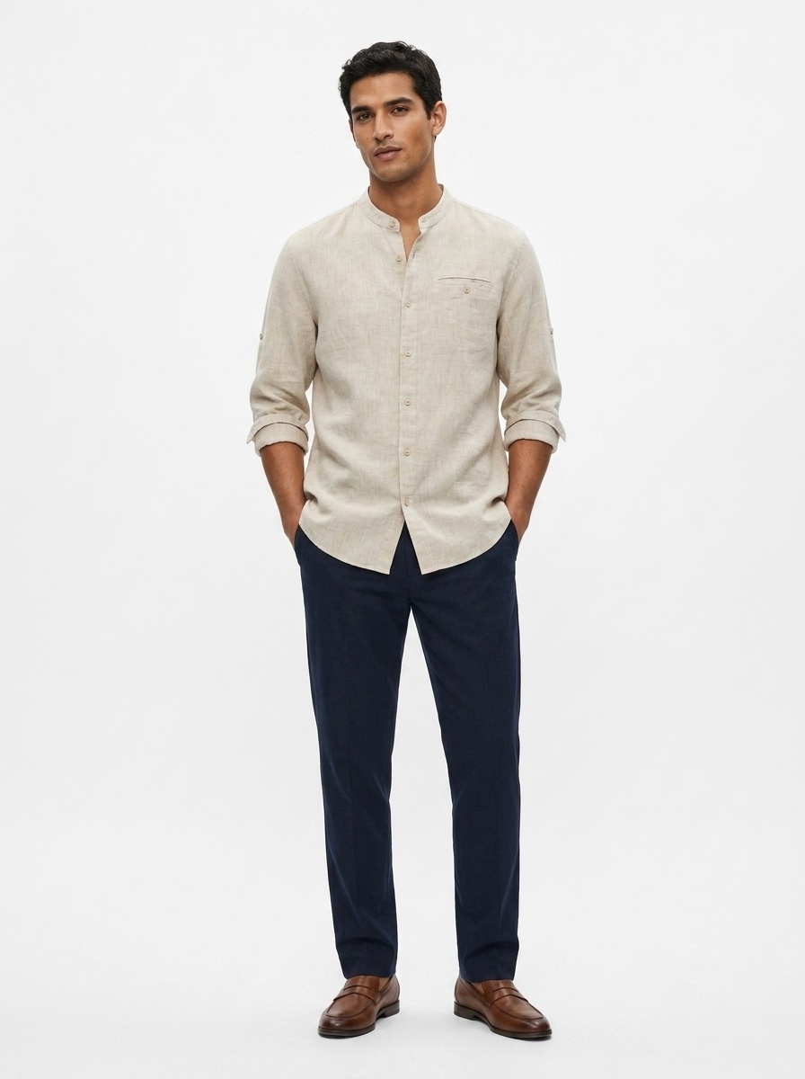 Camicia da uomo a maniche a 3/4 con colletto alla coreana, 100% lino