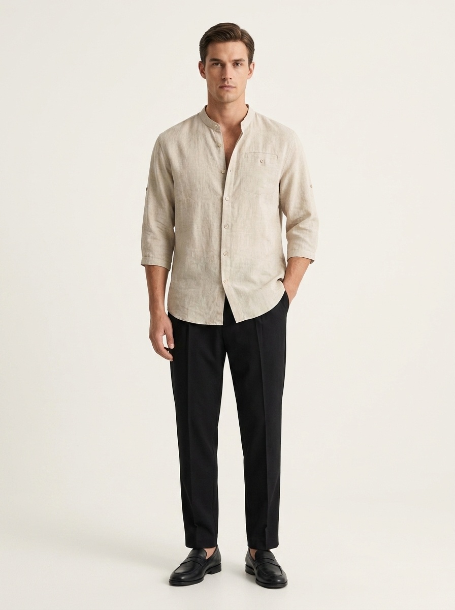 Camicia da uomo a maniche a 3/4 con colletto alla coreana, 100% lino
