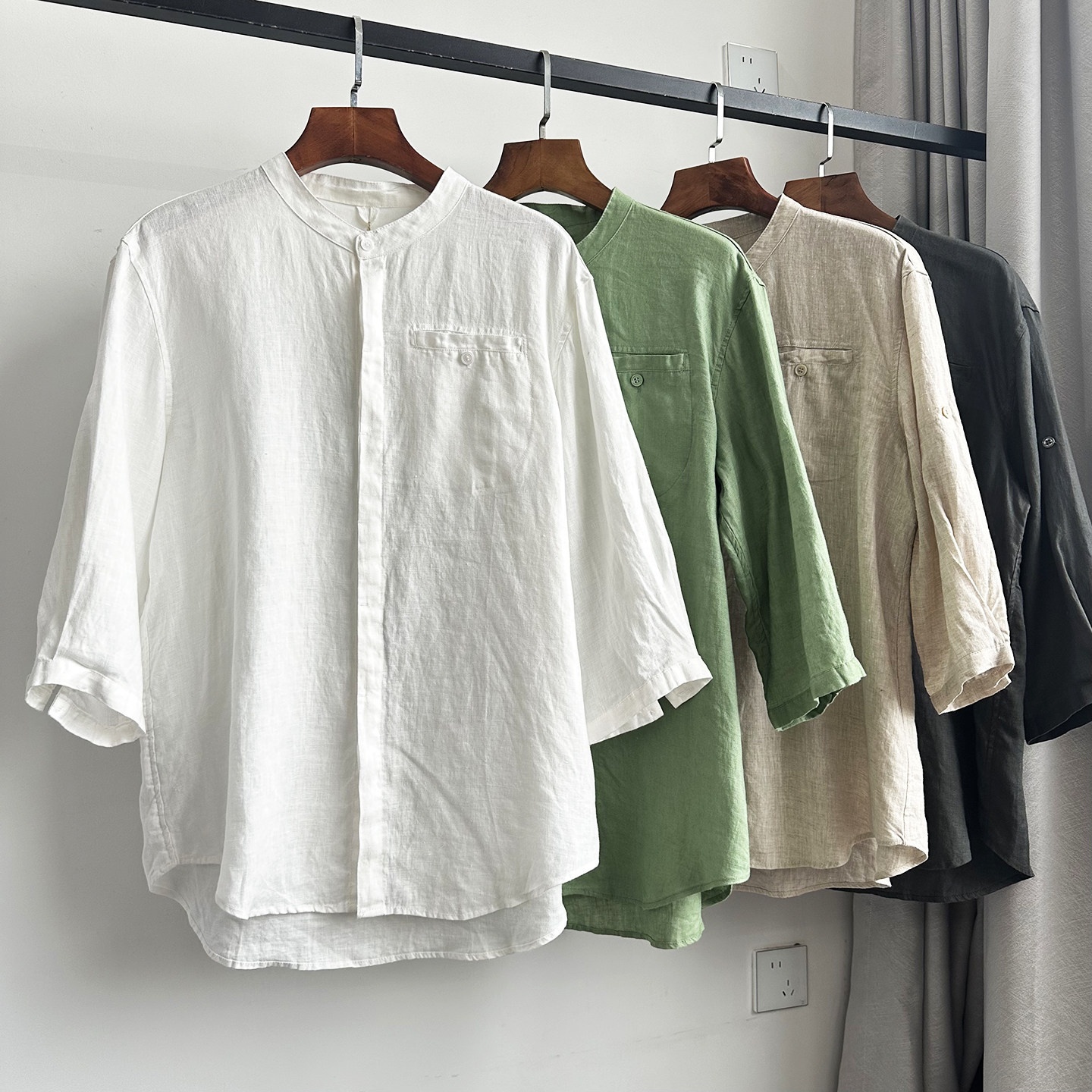 Camicia da uomo a maniche a 3/4 con colletto alla coreana, 100% lino