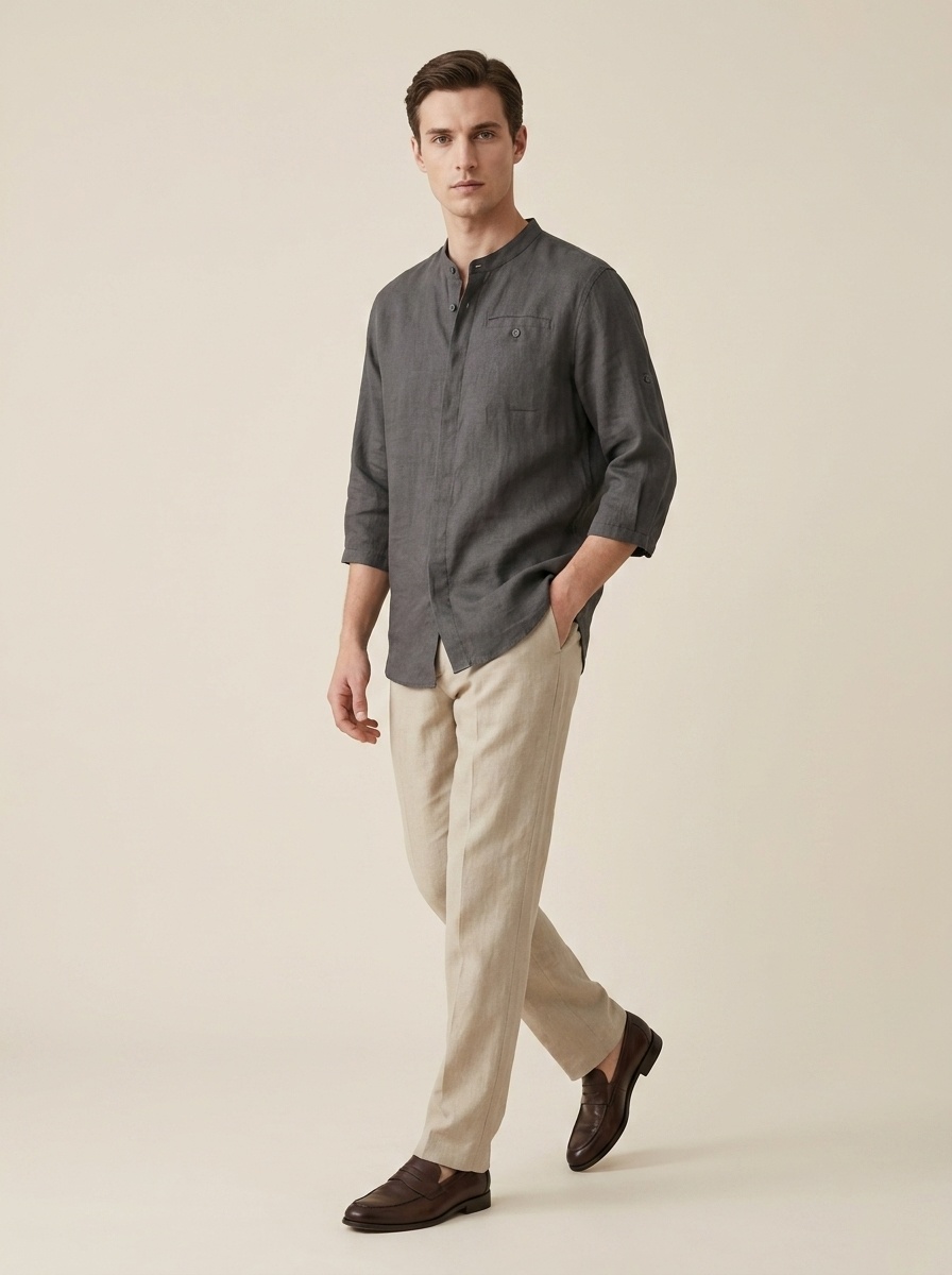 Camicia da uomo a maniche a 3/4 con colletto alla coreana, 100% lino