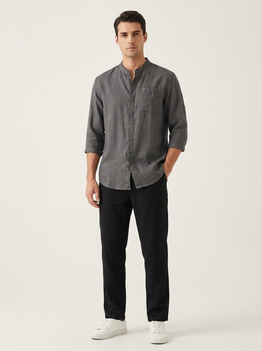Camicia da uomo a maniche a 3/4 con colletto alla coreana, 100% lino