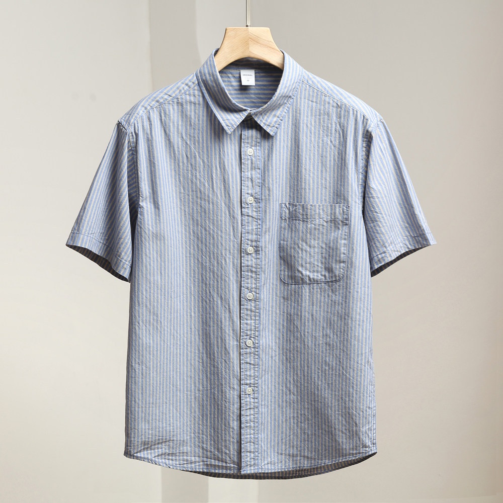 Camicia da uomo casual a maniche corte a righe, 100% cotone lavato, con bottoni.