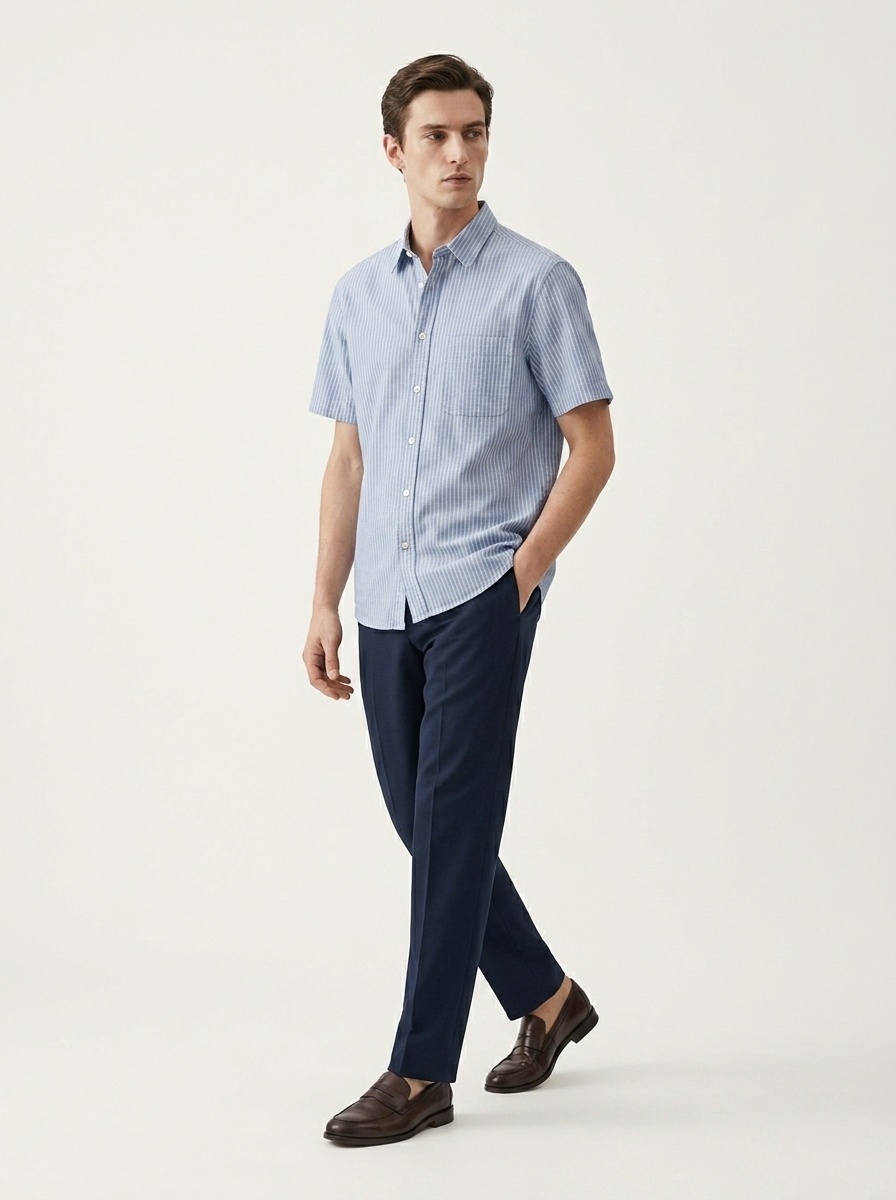 Camicia da uomo casual a maniche corte a righe, 100% cotone lavato, con bottoni.