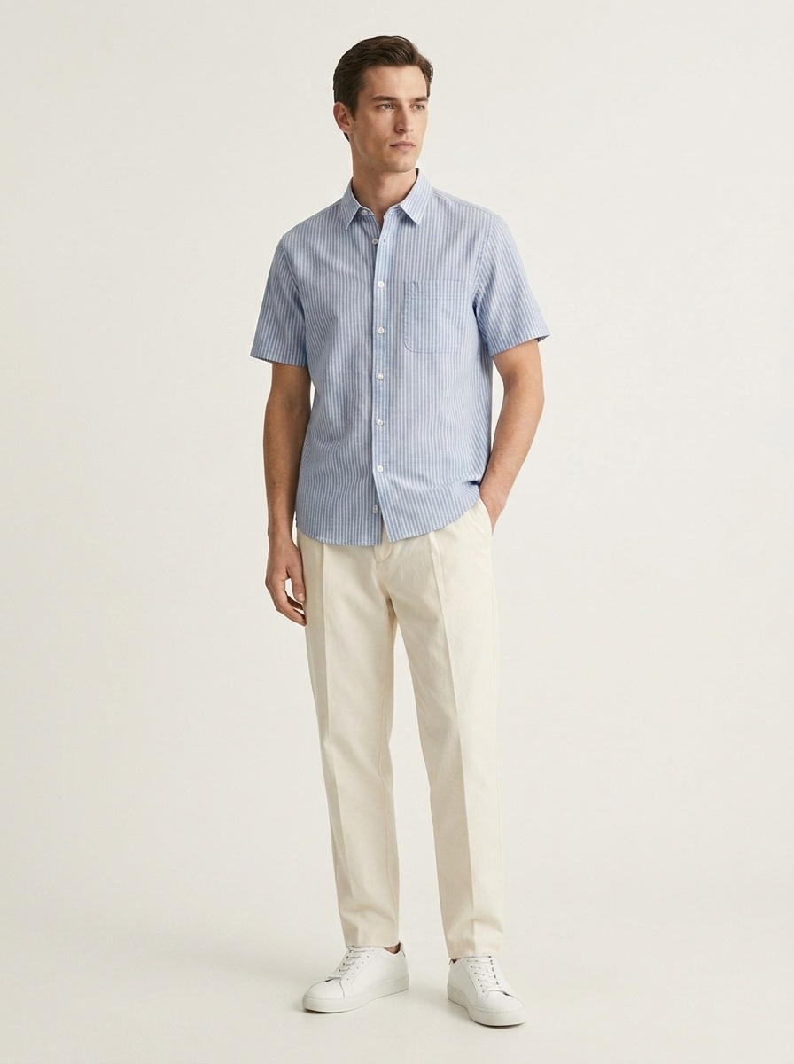 Camicia da uomo casual a maniche corte a righe, 100% cotone lavato, con bottoni.