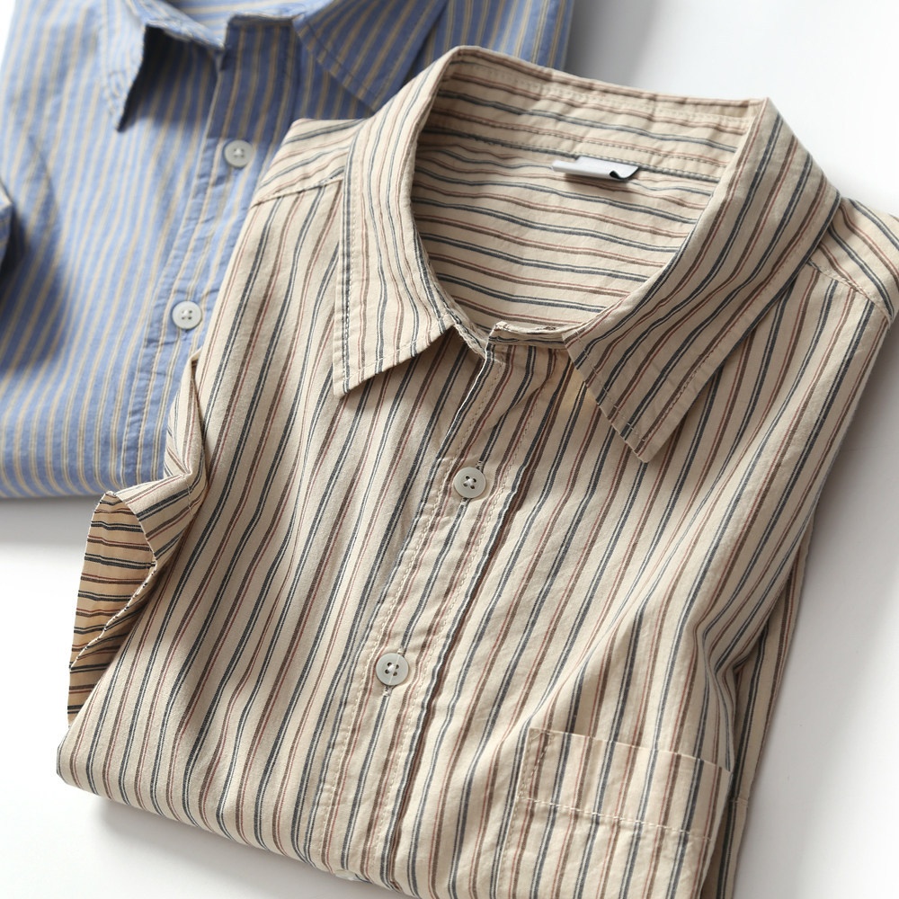 Camicia da uomo casual a maniche corte a righe, 100% cotone lavato, con bottoni.