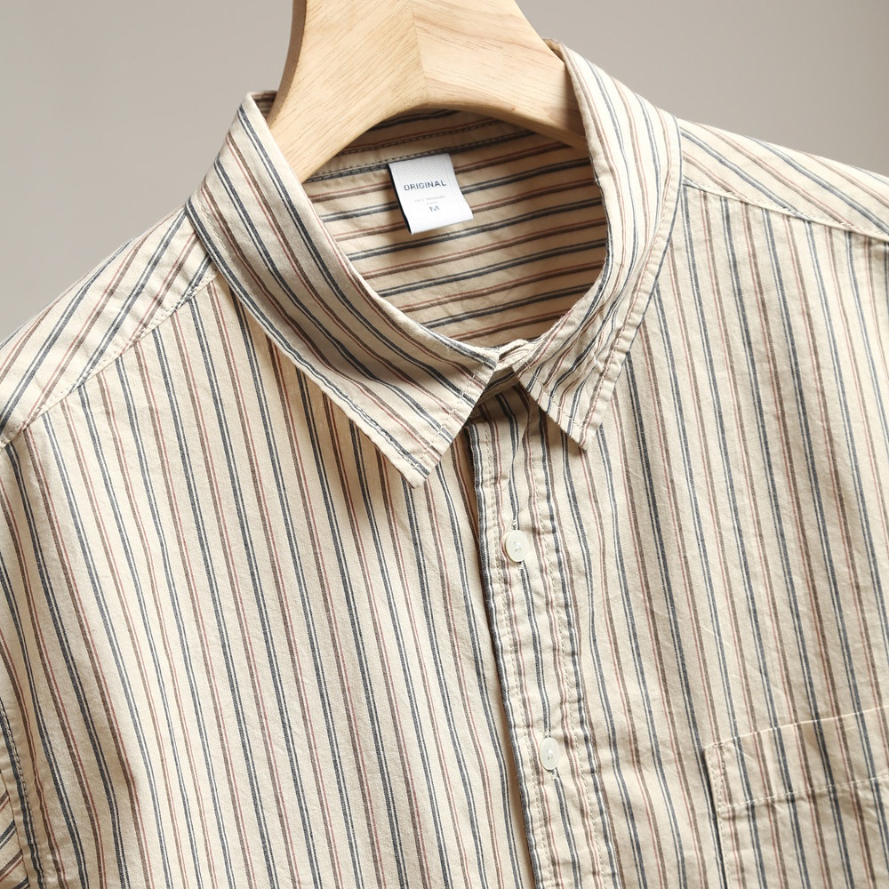 Camicia da uomo casual a maniche corte a righe, 100% cotone lavato, con bottoni.