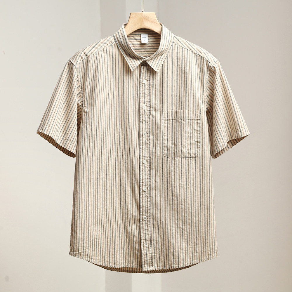 Camicia da uomo casual a maniche corte a righe, 100% cotone lavato, con bottoni.