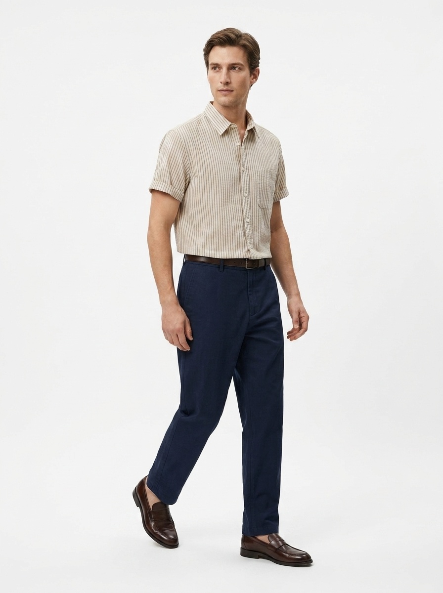 Camicia da uomo casual a maniche corte a righe, 100% cotone lavato, con bottoni.