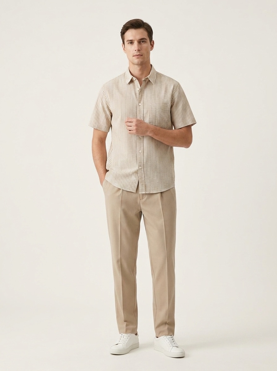 Camicia da uomo casual a maniche corte a righe, 100% cotone lavato, con bottoni.