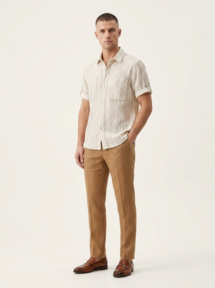 Camicia da uomo a maniche corte a righe, vestibilità casual.