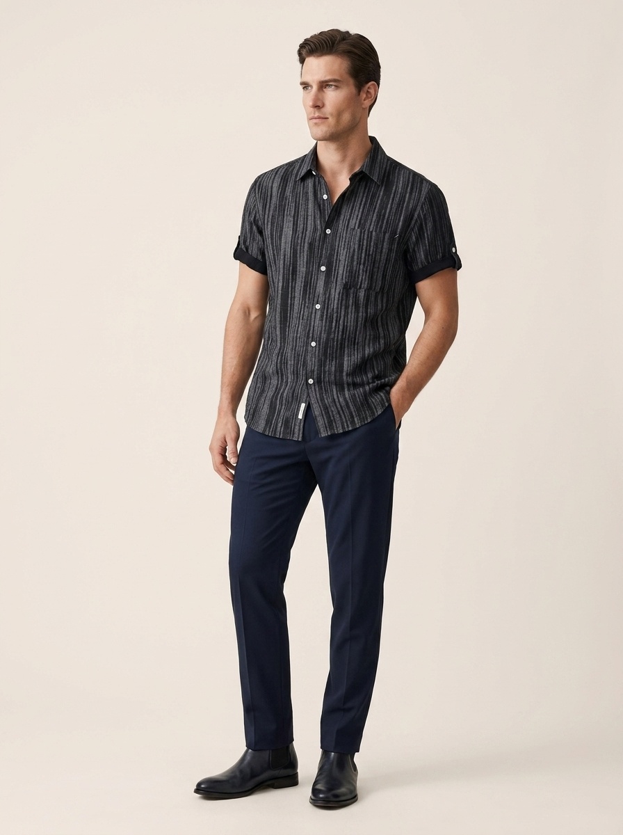 Camicia da uomo a maniche corte a righe, vestibilità casual.