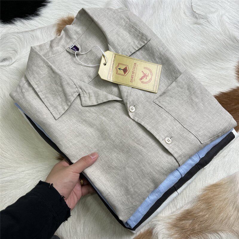Camicia da uomo 100% lino con colletto cubano, maniche corte, casual, con bottoni.