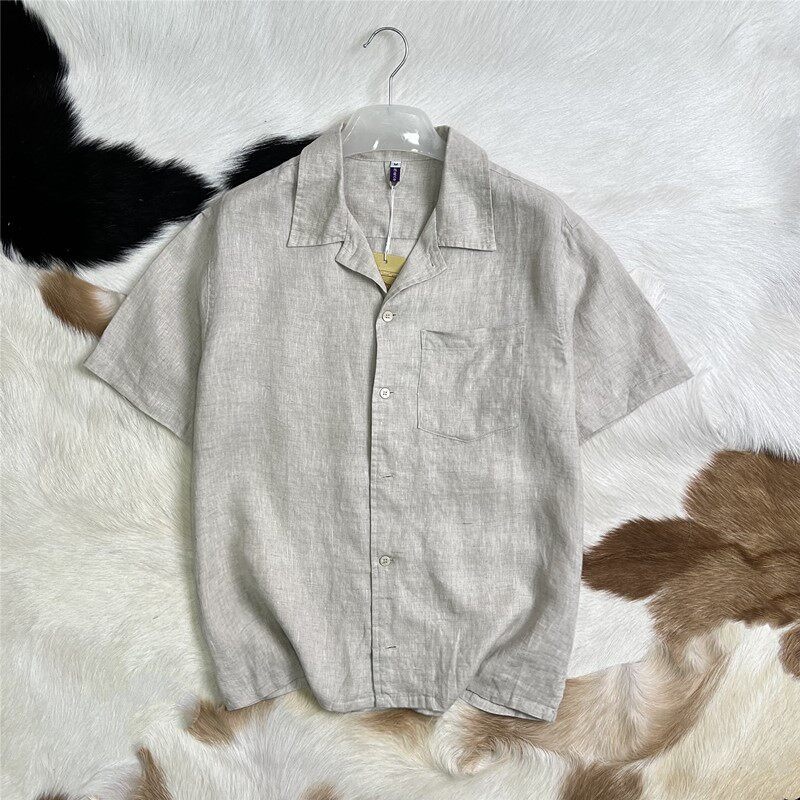 Camicia da uomo 100% lino con colletto cubano, maniche corte, casual, con bottoni.