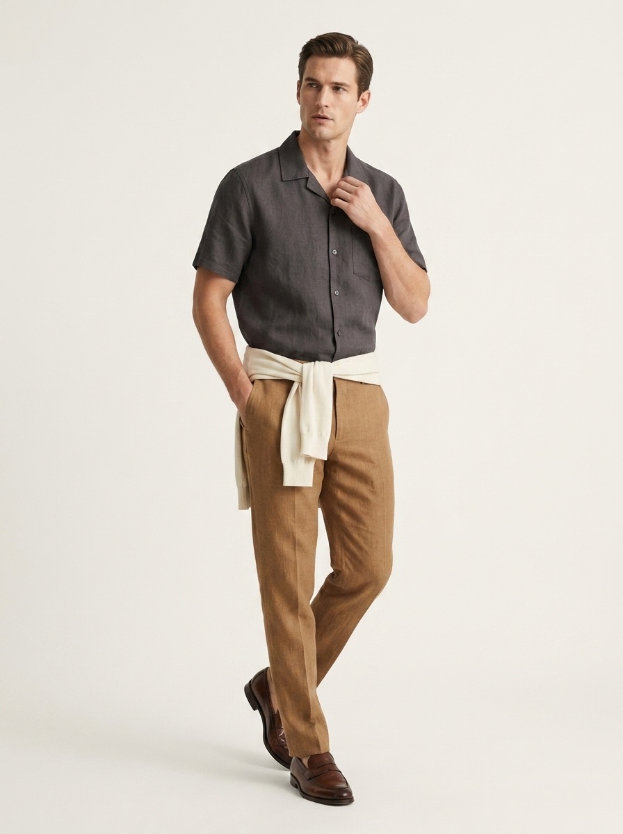 Camicia da uomo 100% lino con colletto cubano, maniche corte, casual, con bottoni.