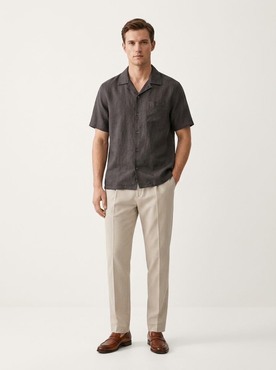 Camicia da uomo 100% lino con colletto cubano, maniche corte, casual, con bottoni.