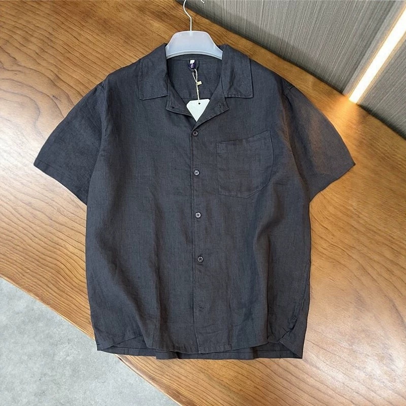 Camicia da uomo 100% lino con colletto cubano, maniche corte, casual, con bottoni.