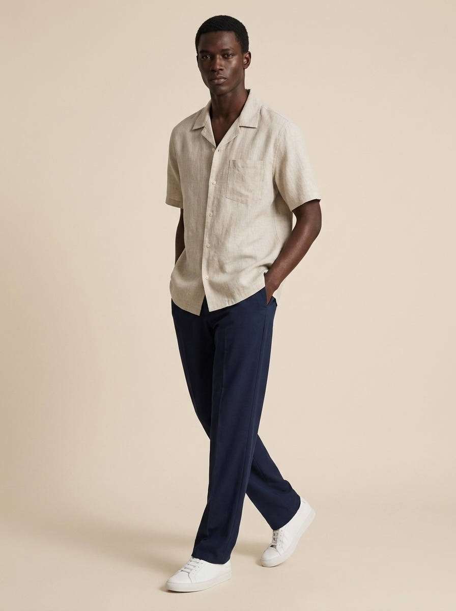 Camicia da uomo 100% lino con colletto cubano, maniche corte, casual, con bottoni.
