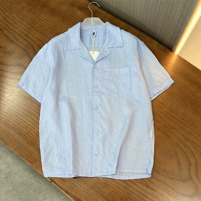 Camicia da uomo 100% lino con colletto cubano, maniche corte, casual, con bottoni.