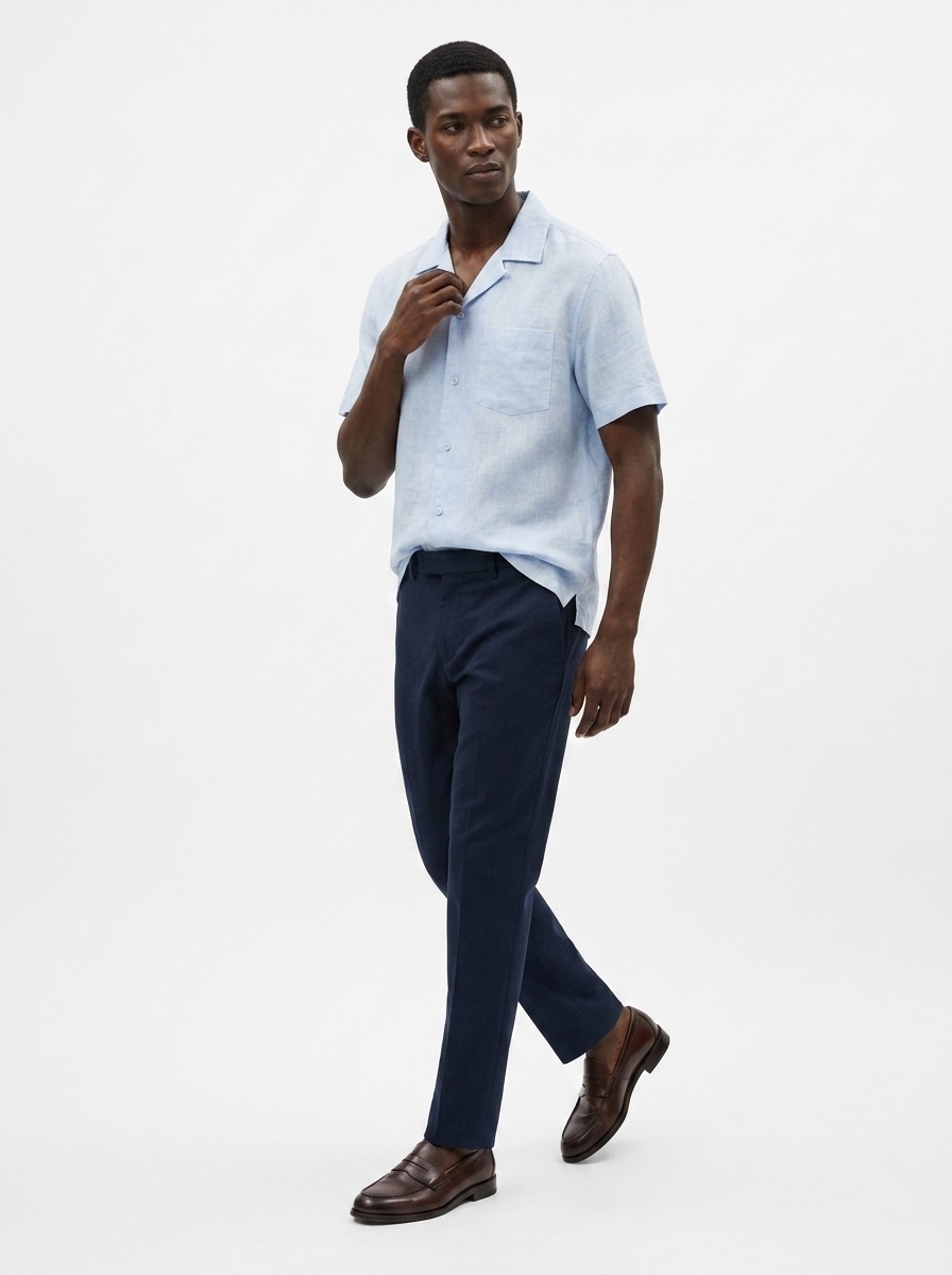 Camicia da uomo 100% lino con colletto cubano, maniche corte, casual, con bottoni.