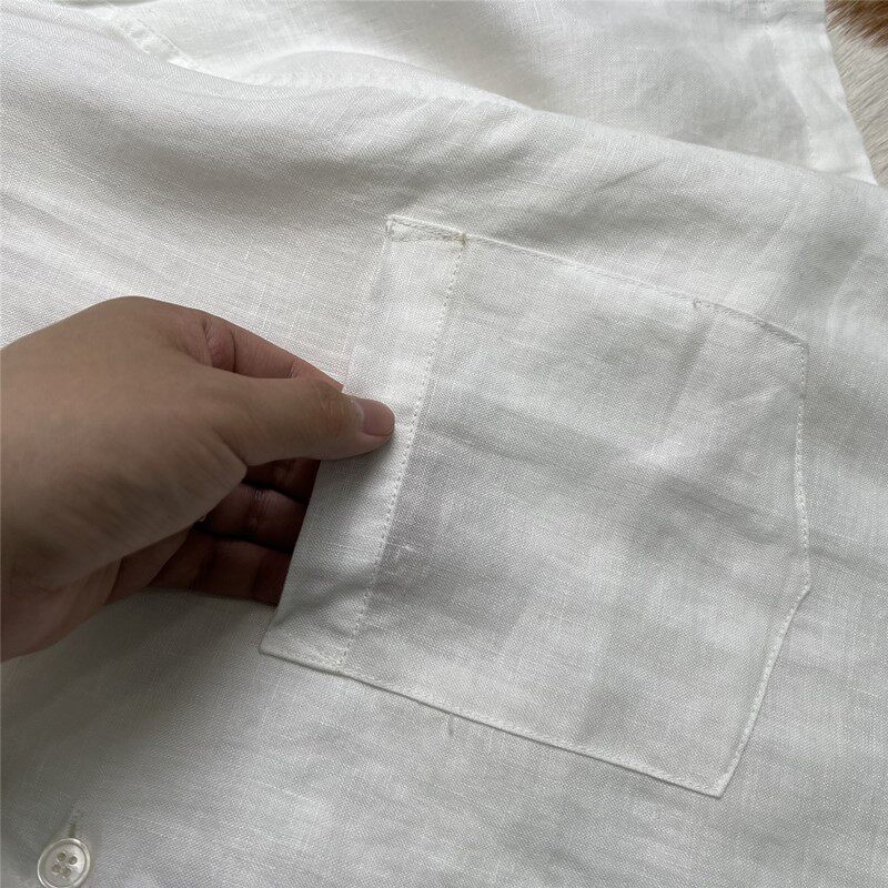 Camicia da uomo 100% lino con colletto cubano, maniche corte, casual, con bottoni.