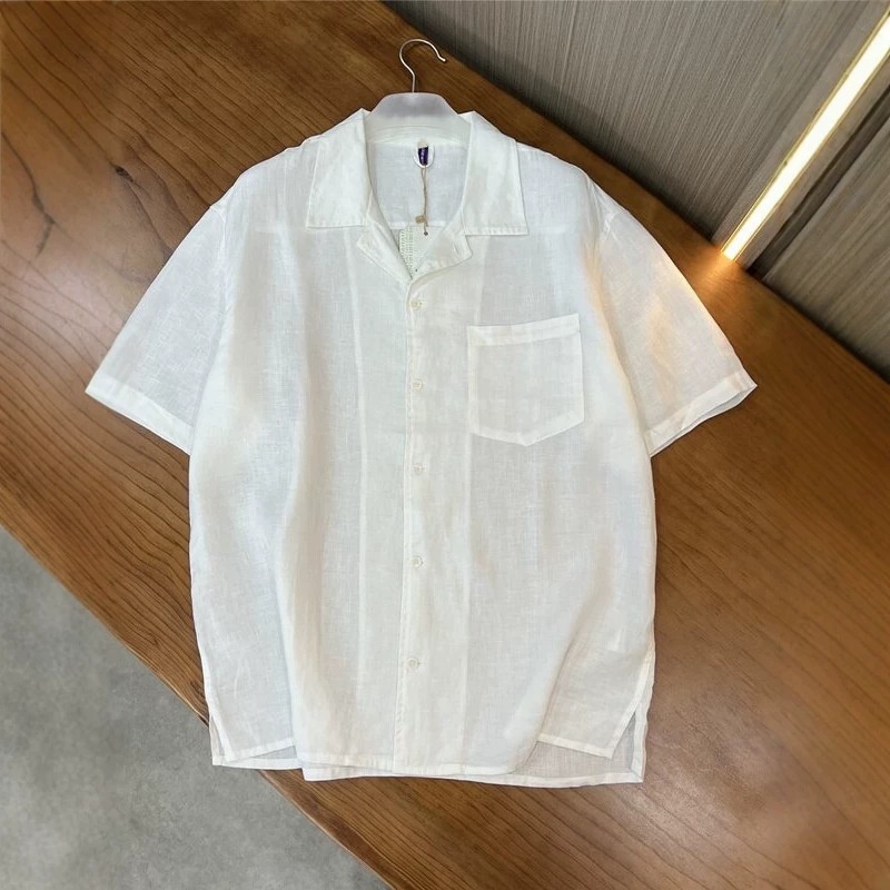 Camicia da uomo 100% lino con colletto cubano, maniche corte, casual, con bottoni.