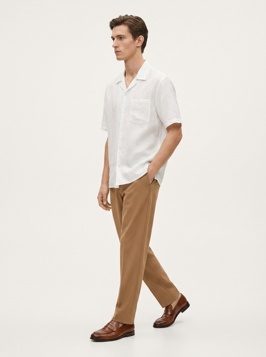 Camicia da uomo 100% lino con colletto cubano, maniche corte, casual, con bottoni.