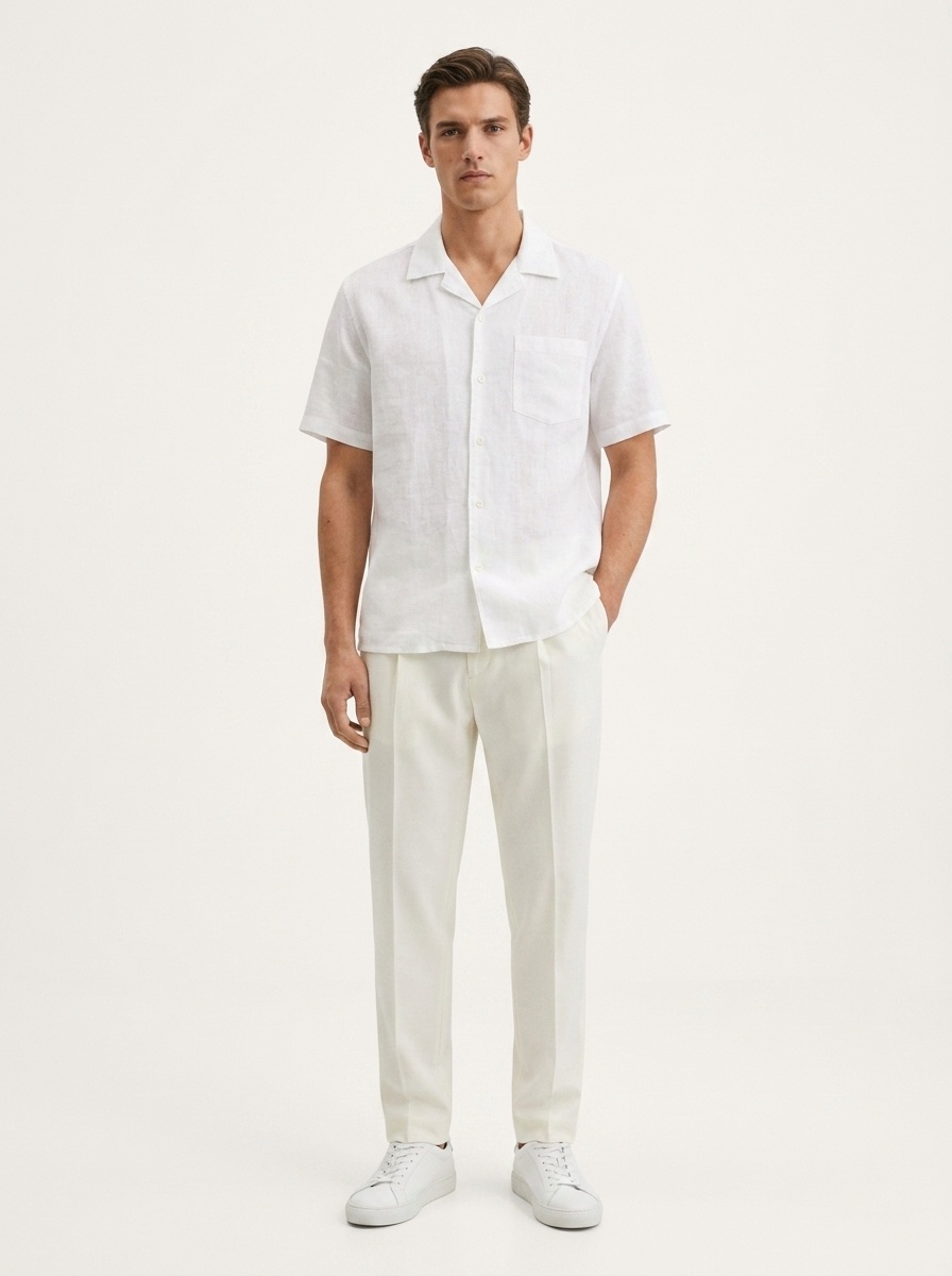Camicia da uomo 100% lino con colletto cubano, maniche corte, casual, con bottoni.