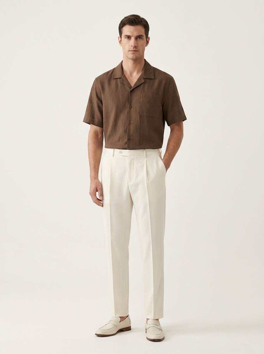 Camicia da uomo a maniche corte con colletto a campana testurizzato in misto rayon/lino