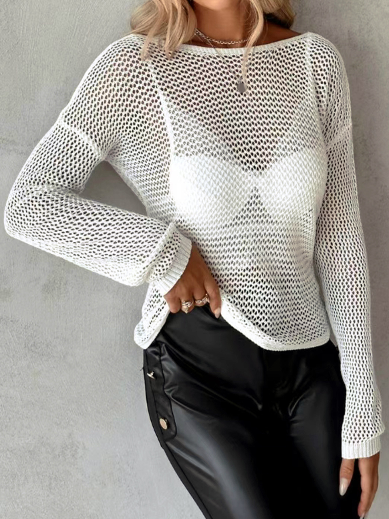 Women's Knit Sweater Backless Long Sleeve Pullover Top Hollow Out SSU-00006