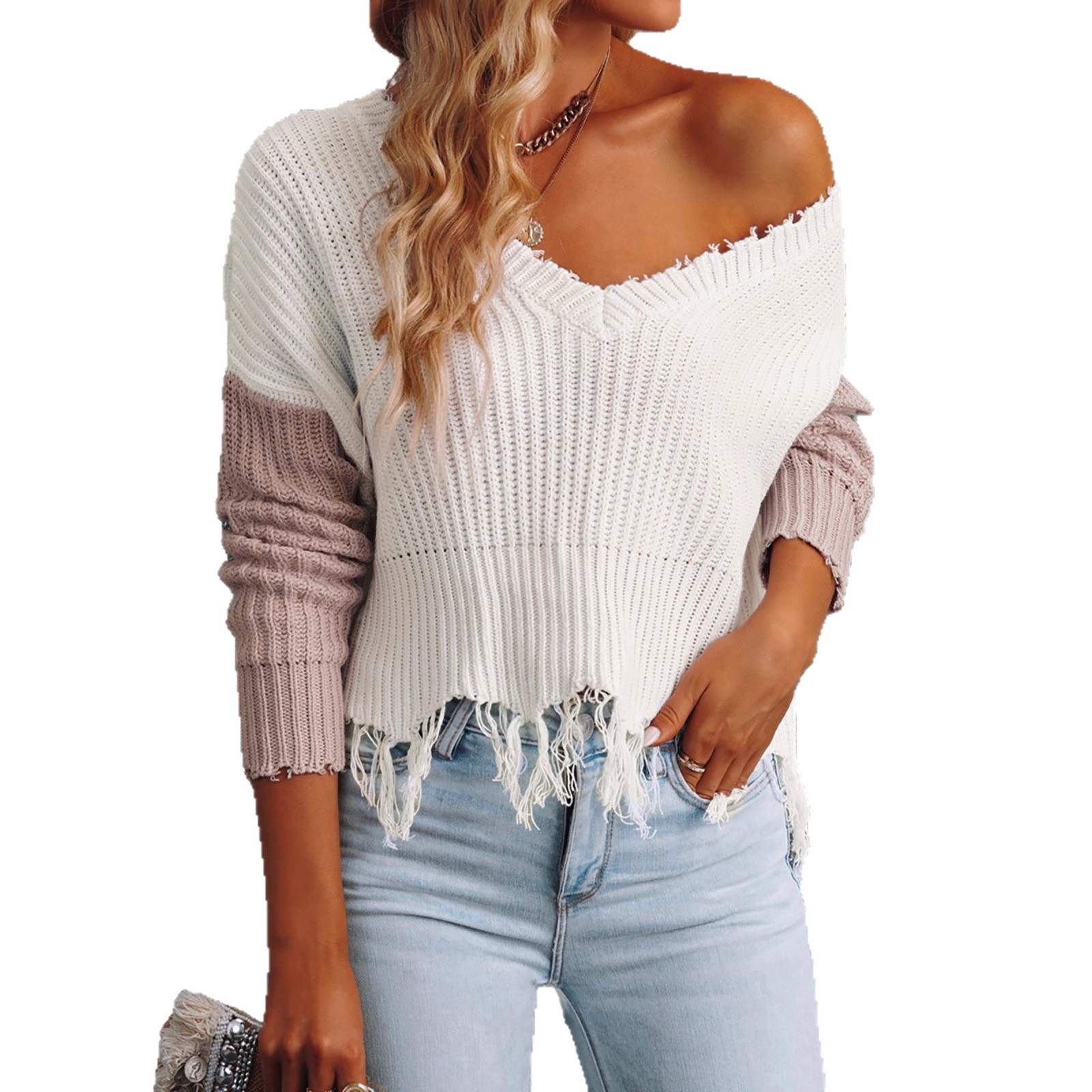 Knit V-Neck Off Shoulder Long Sleeve Sweater Top SSU-00128