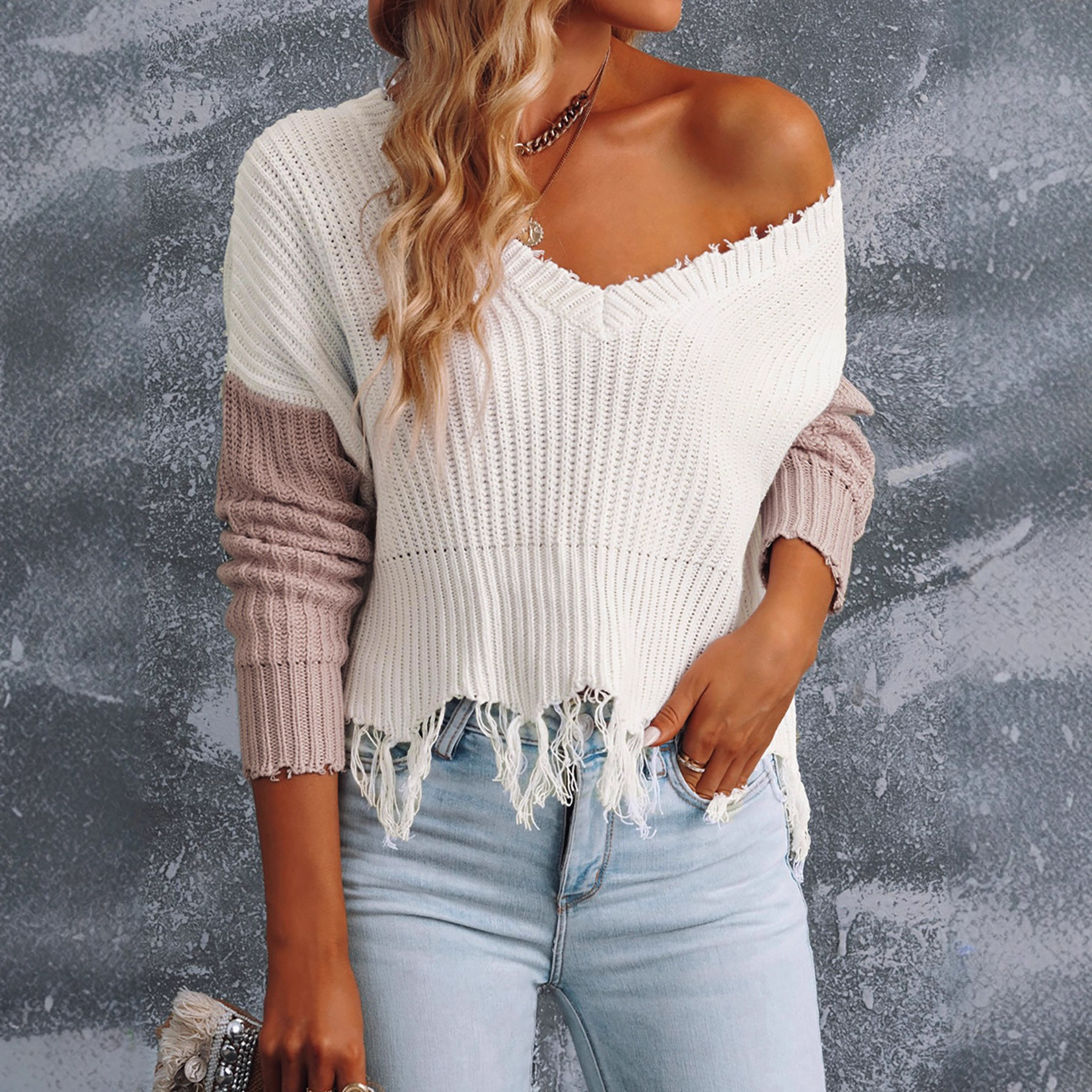 Knit V-Neck Off Shoulder Long Sleeve Sweater Top SSU-00128