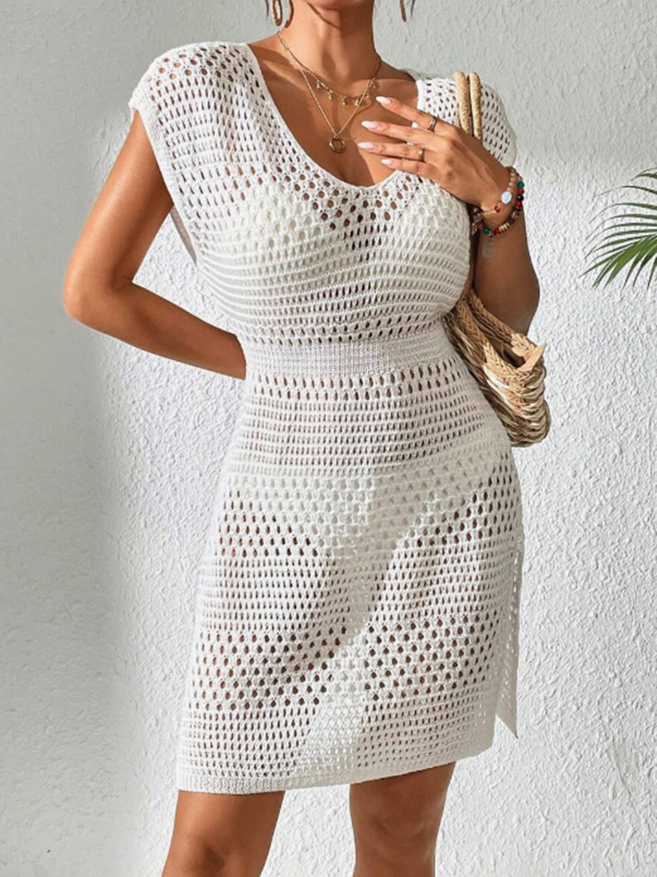 Knitted Sleeveless Tank Dress - Summer Hollow Out Solid Color