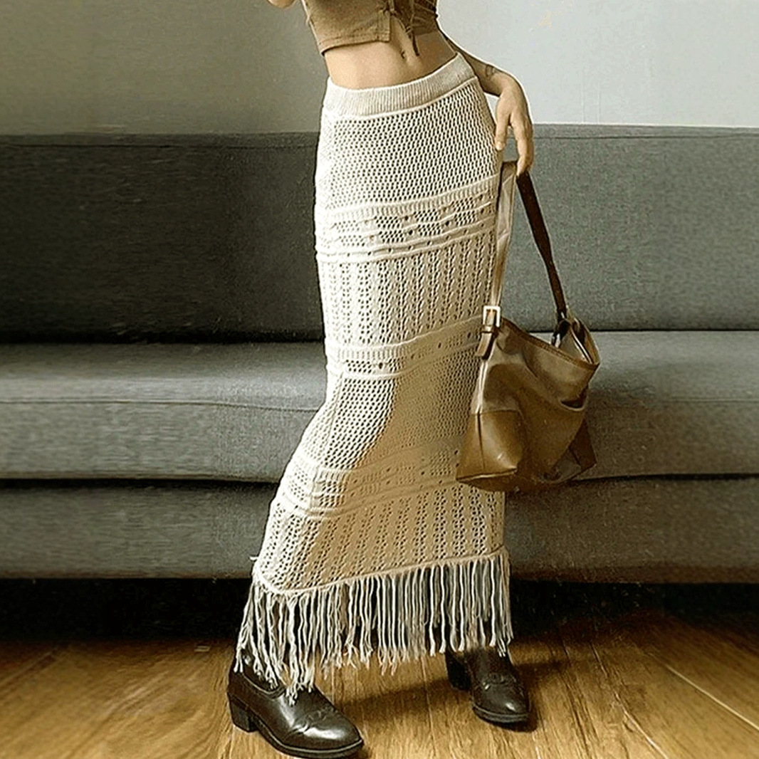 Knitted Midi Skirt Women's Summer Crochet Tassel Skirt