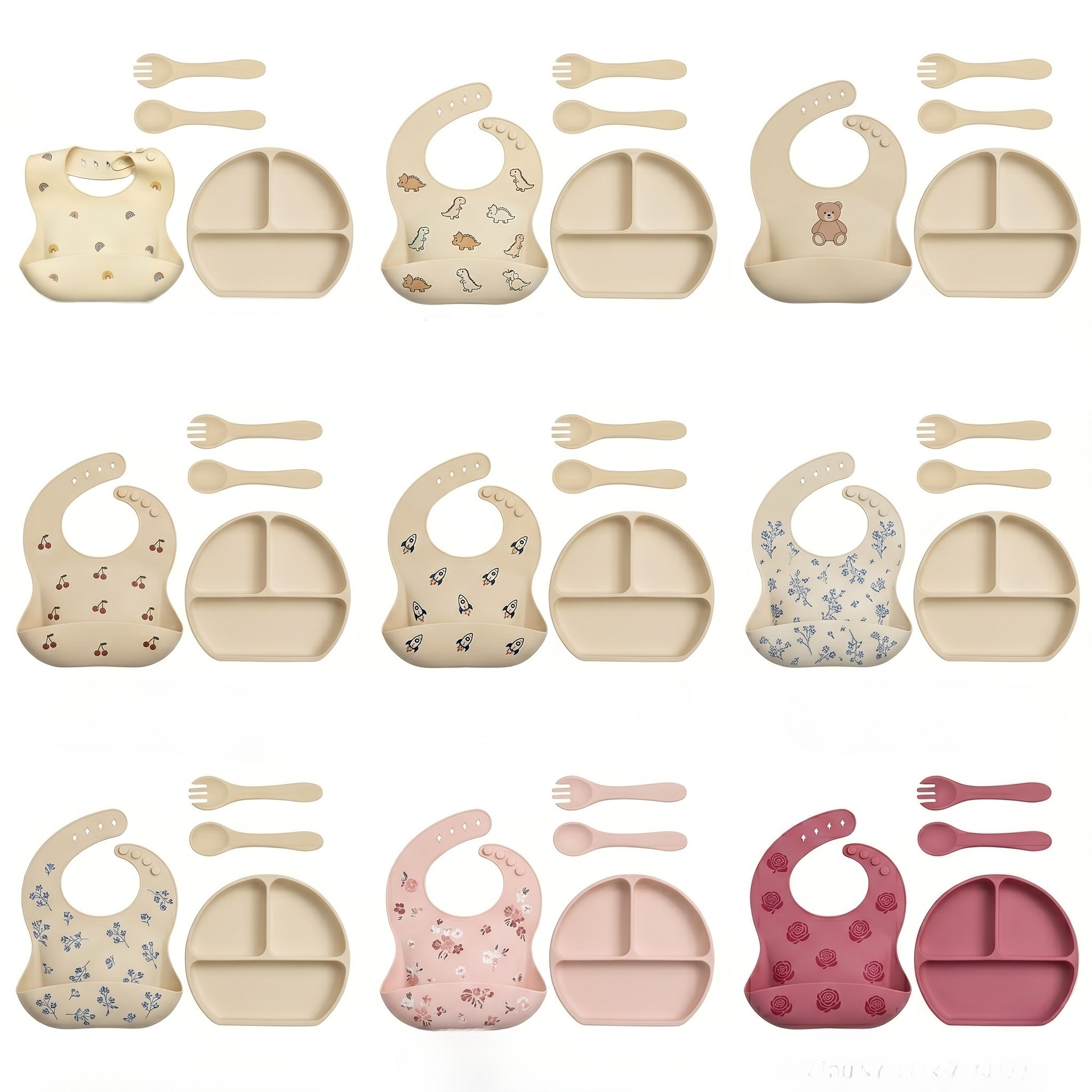 Baby Silicone Feeding Set - Suction Plate, Bib & Utensils
