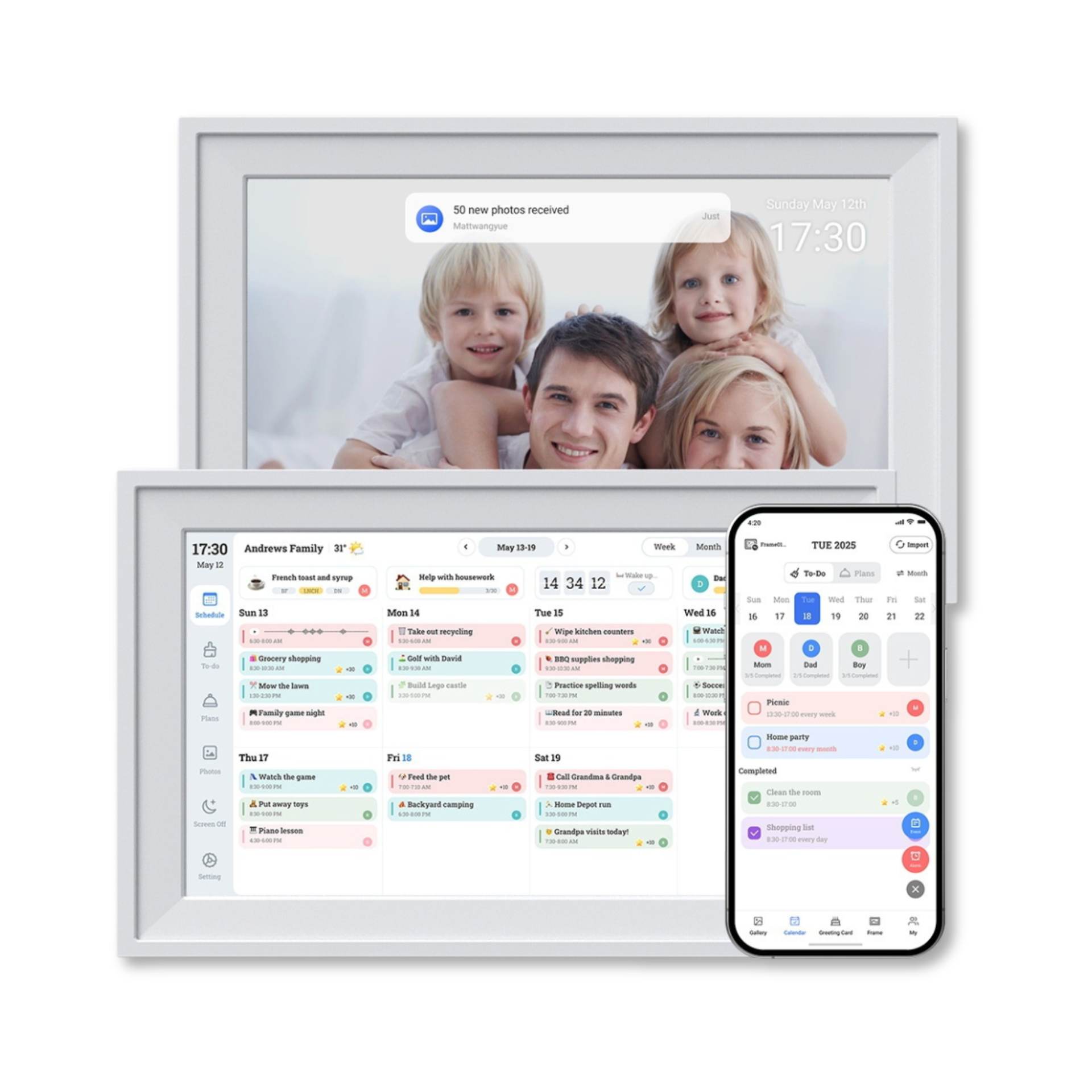 Smart Digital Calendar & Photo Frame - Family Organizer with Schedule Sync, Task Management, Vibrant Display, White
