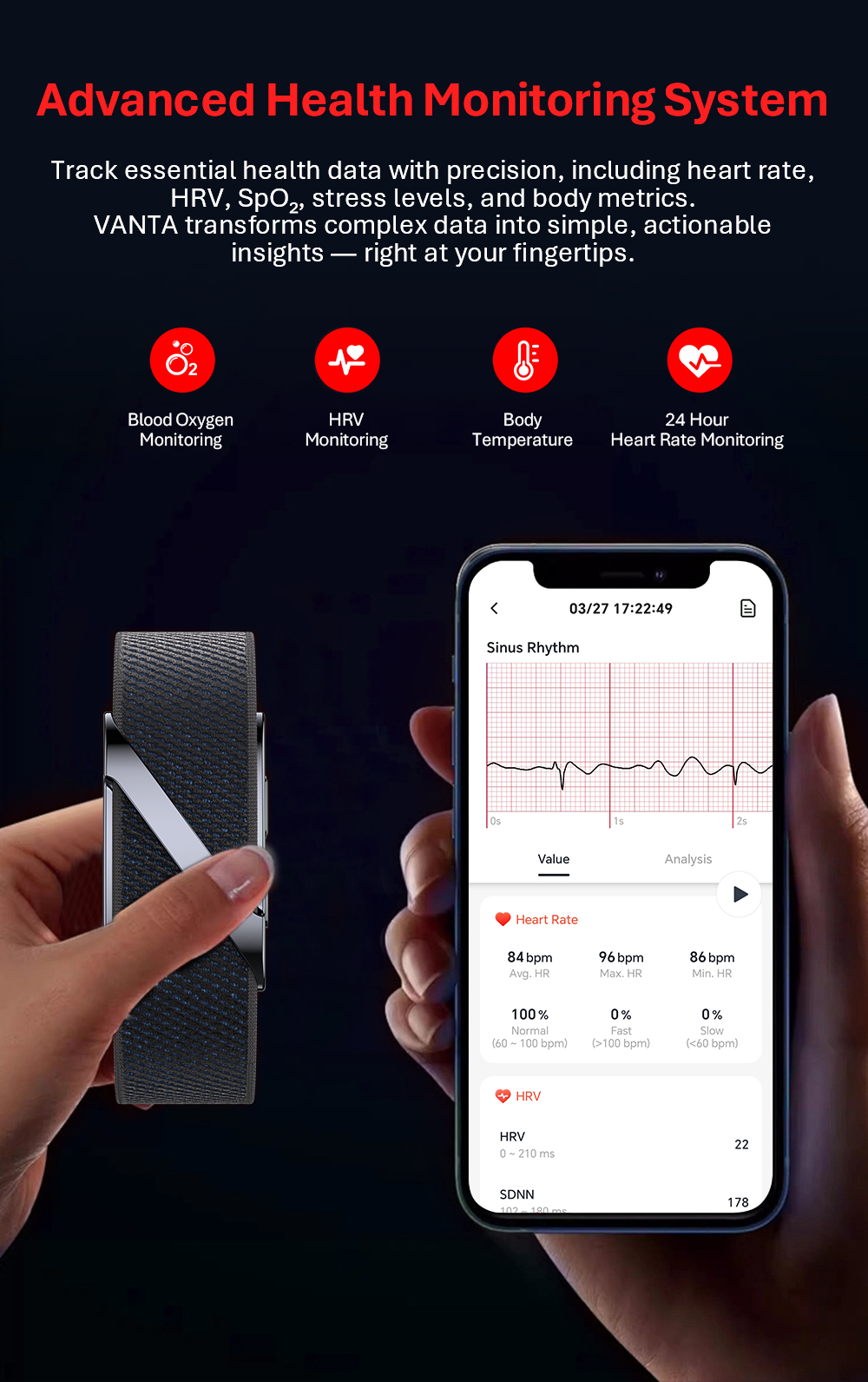 VANTA Sleek Smart Fitness Tracker met comfortabele elastische band