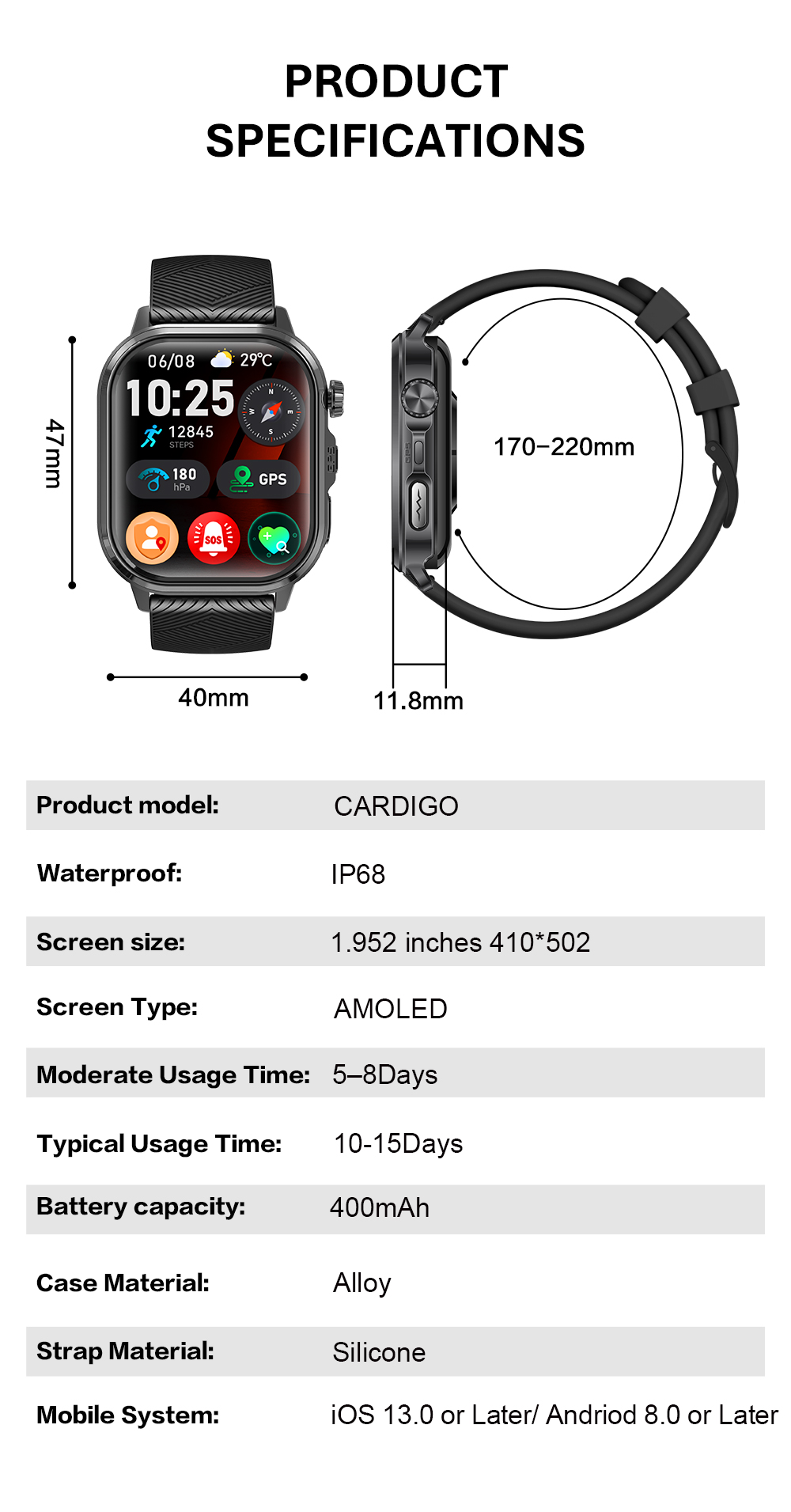 CARDIGO ECG+GPS Premium Professionele Smartwatch - Gezondheids- en fitnesstracker