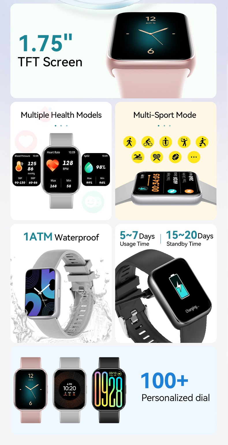 VS13 Smart Fitness Tracker Horloge met 1,75 inch vierkant scherm