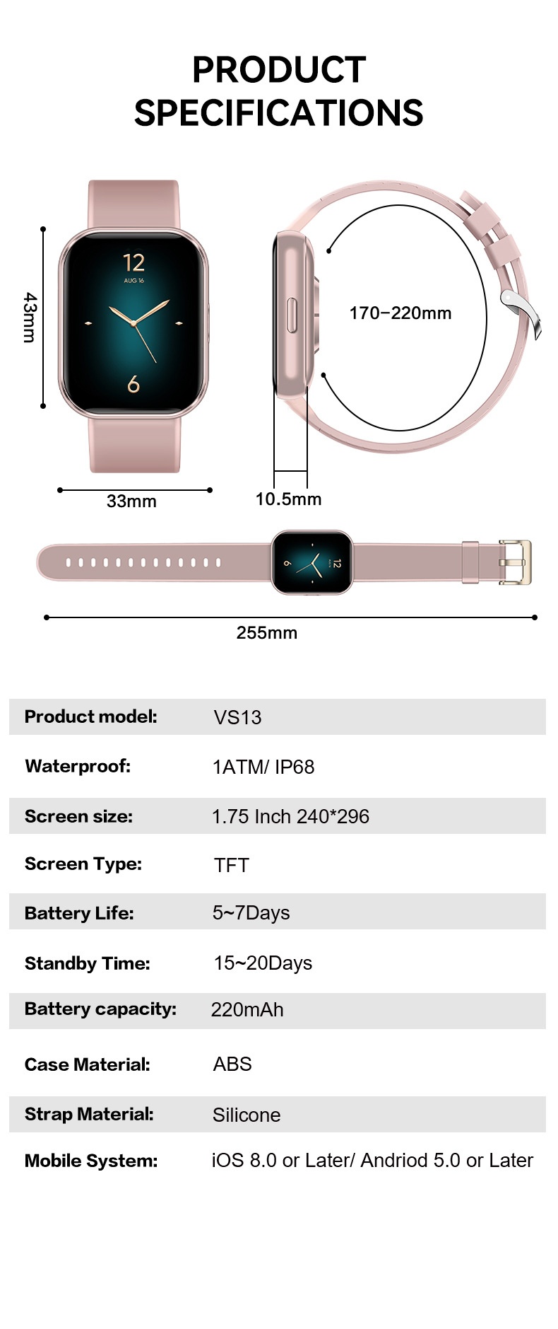 VS13 Smart Fitness Tracker Horloge met 1,75 inch vierkant scherm