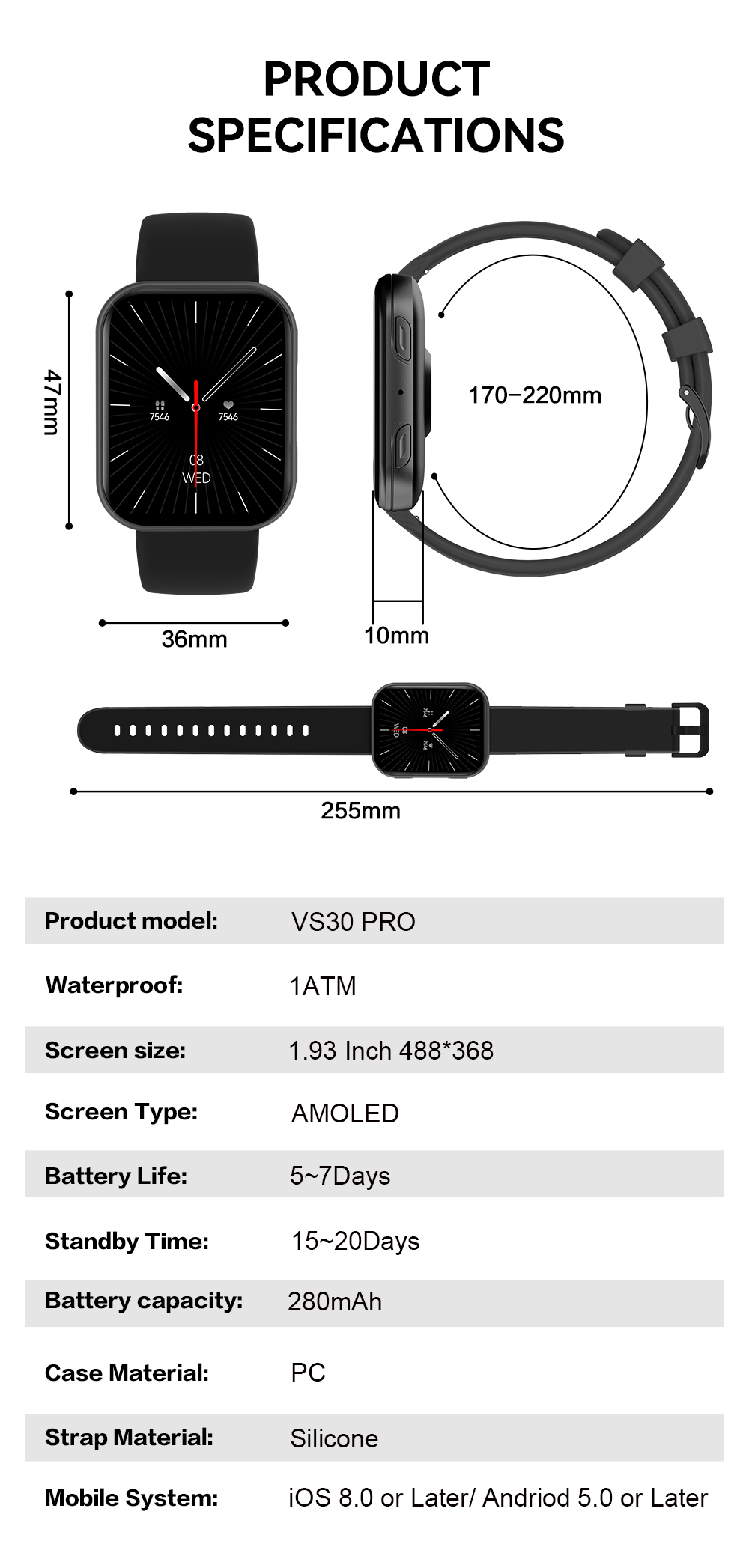 VS30 PRO Smart Watch with AMOLED Screen & BT Call