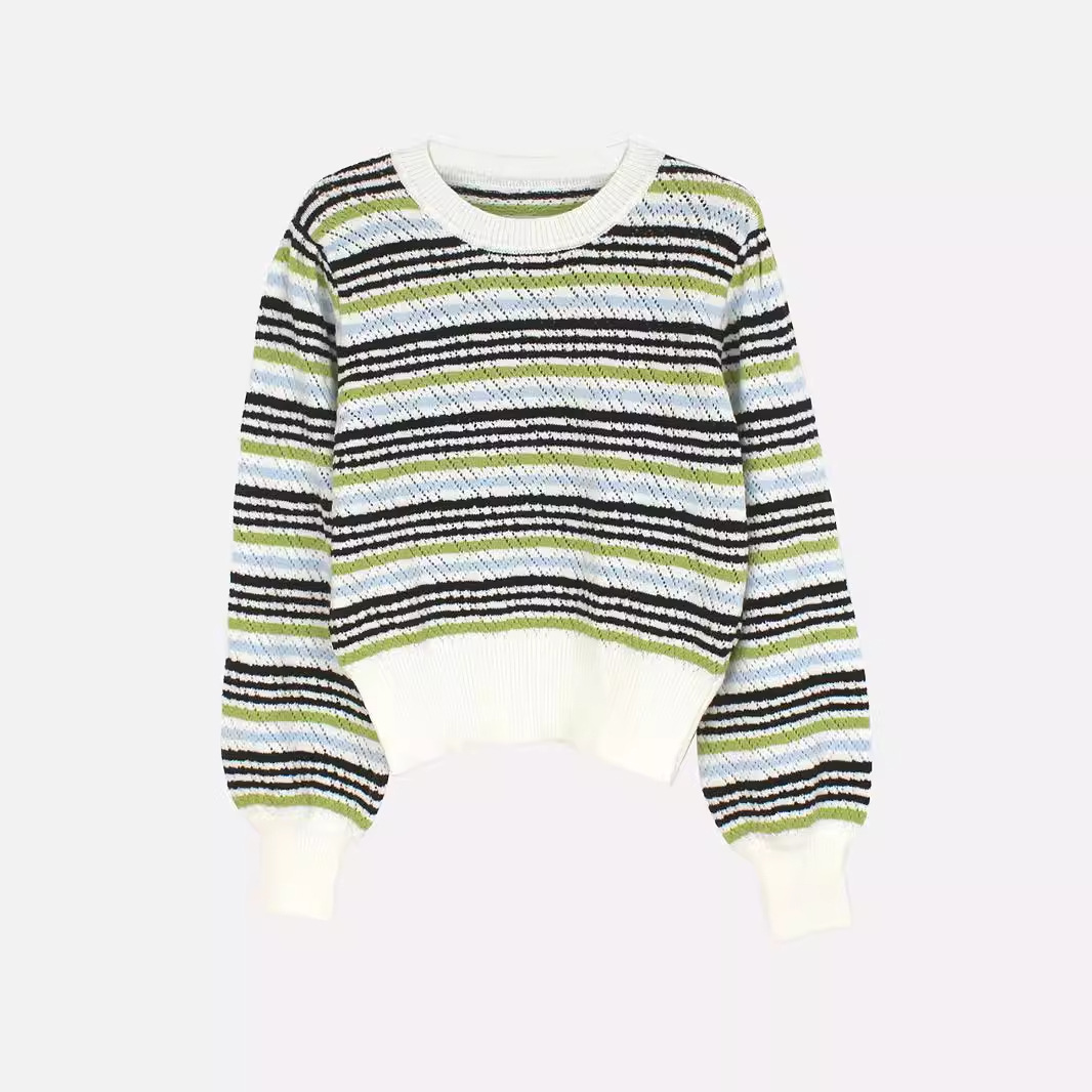 Women's Striped Knit Sweater Long Sleeve Crewneck Autumn Winter SSU-00004