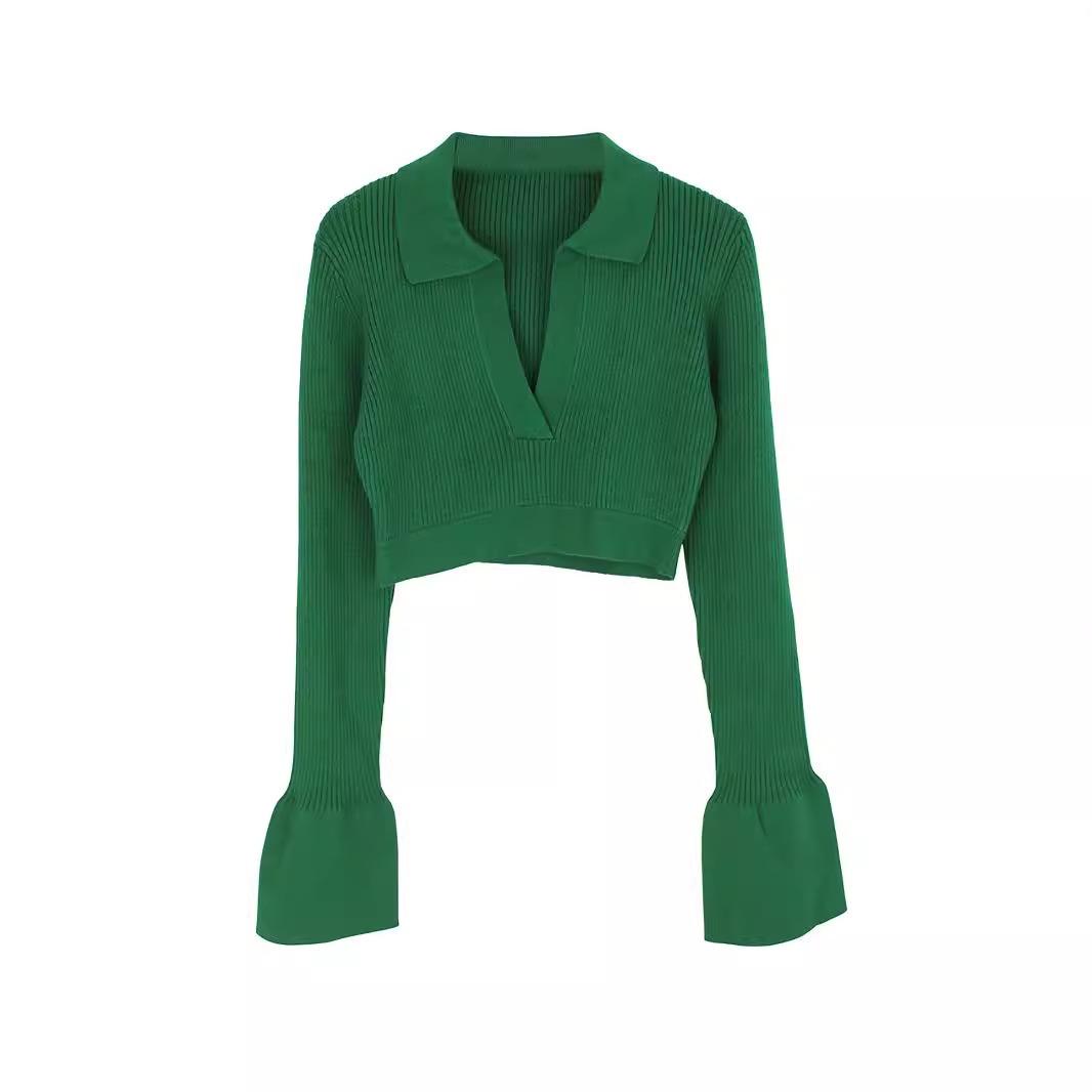 V-Neck Knit Sweater Long Sleeve Cropped Fall Top